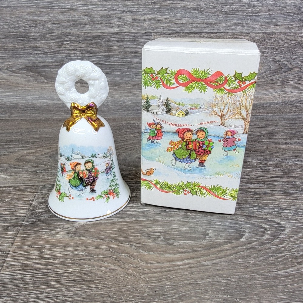 Avon Porcelain Christmas Bell Children ice skating‎ Winter scene 1986
